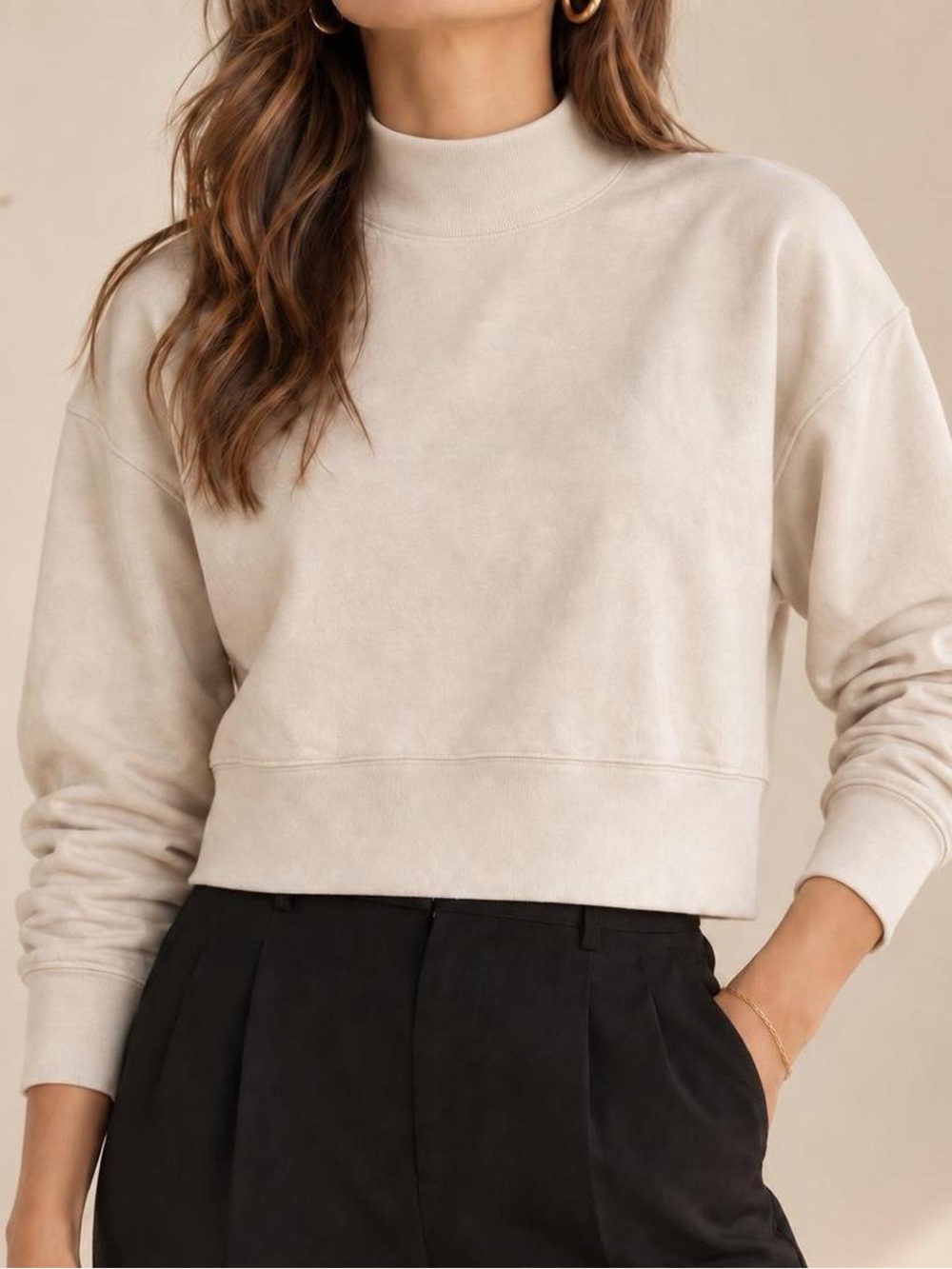 Fabletics Beige Mock Neck Cropped Sweatshirt XS